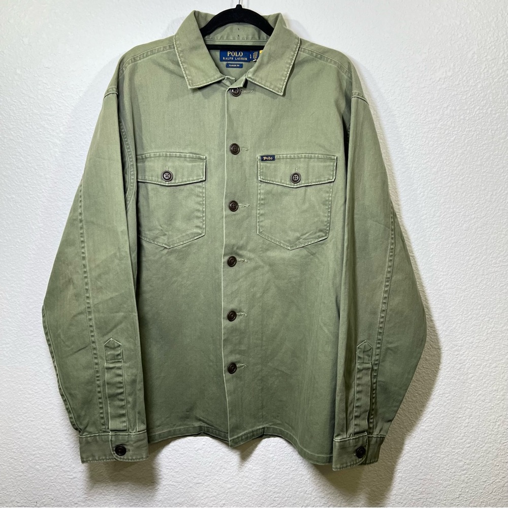 POLO RALPH LAUREN Military Shirt Jacket Olive Herringbone Twill Men’s Size Large